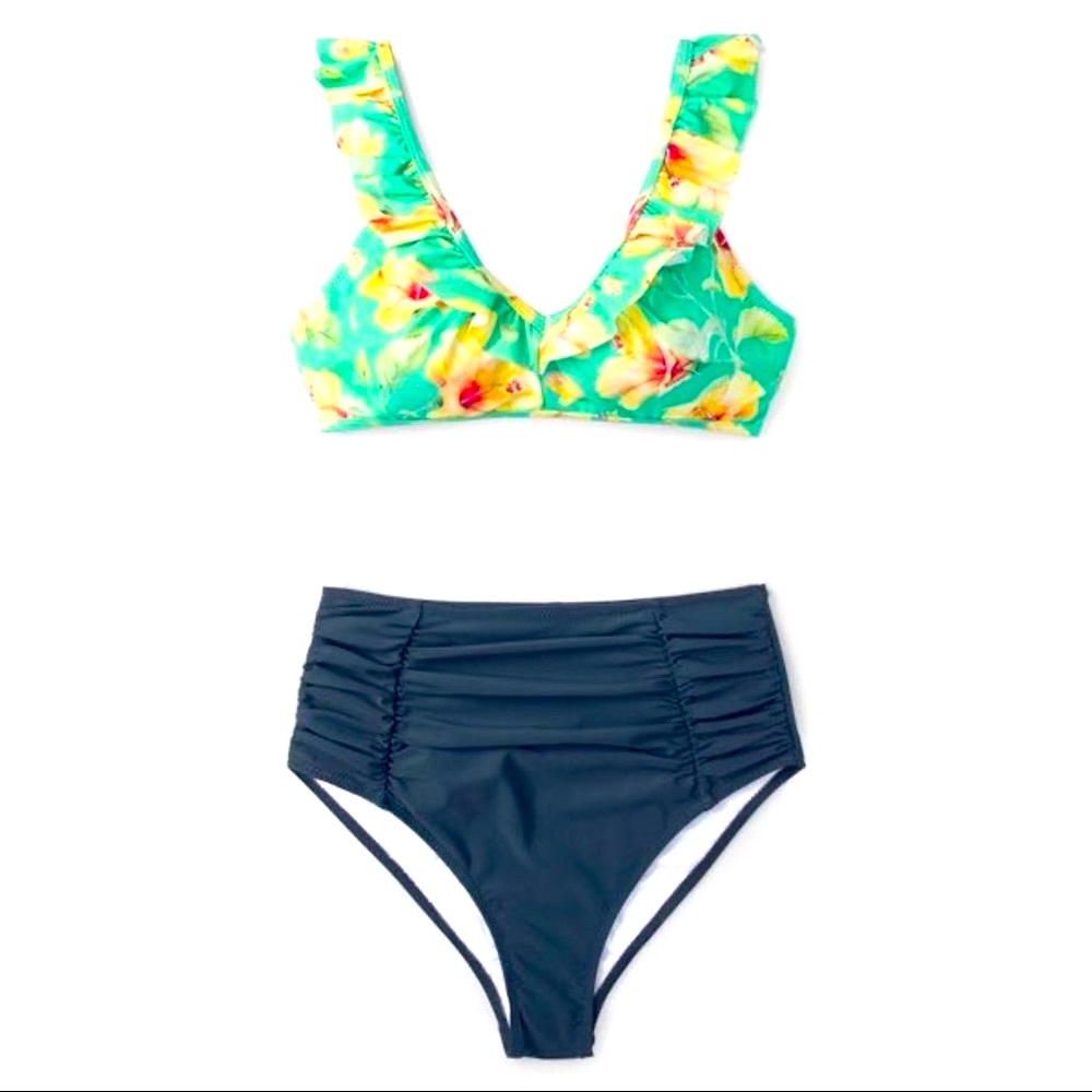 Ruffled Hibiscus High Waste Ruched Bikini 🌼